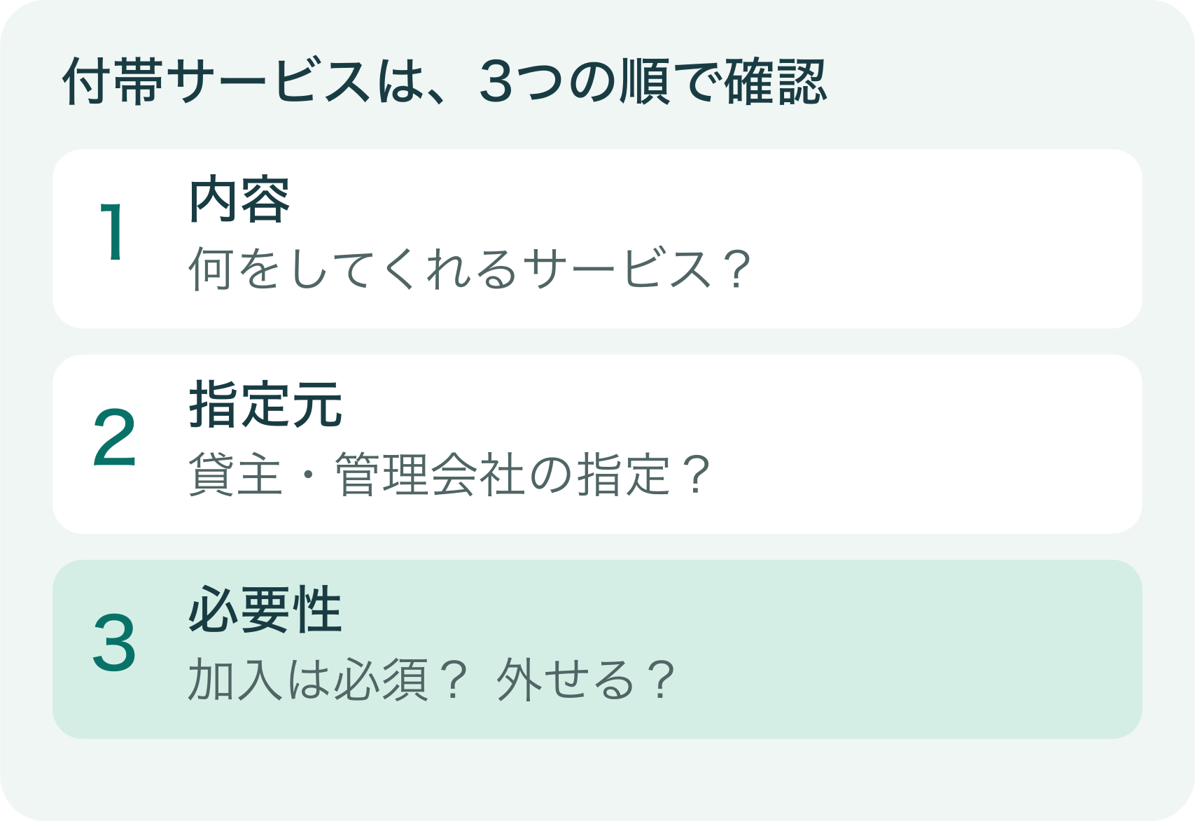 付帯サービスは内容、指定元、必要性の順で確認する