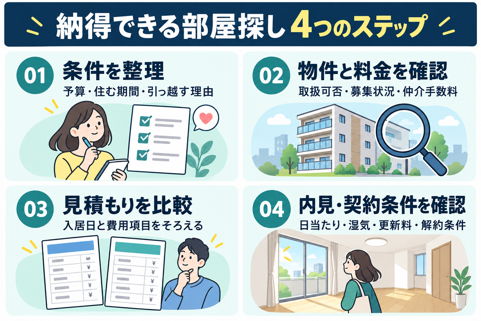 部屋探しの4ステップ。予算と条件を整理、物件と料金を確認、見積もりを比較、内見と契約条件を確認