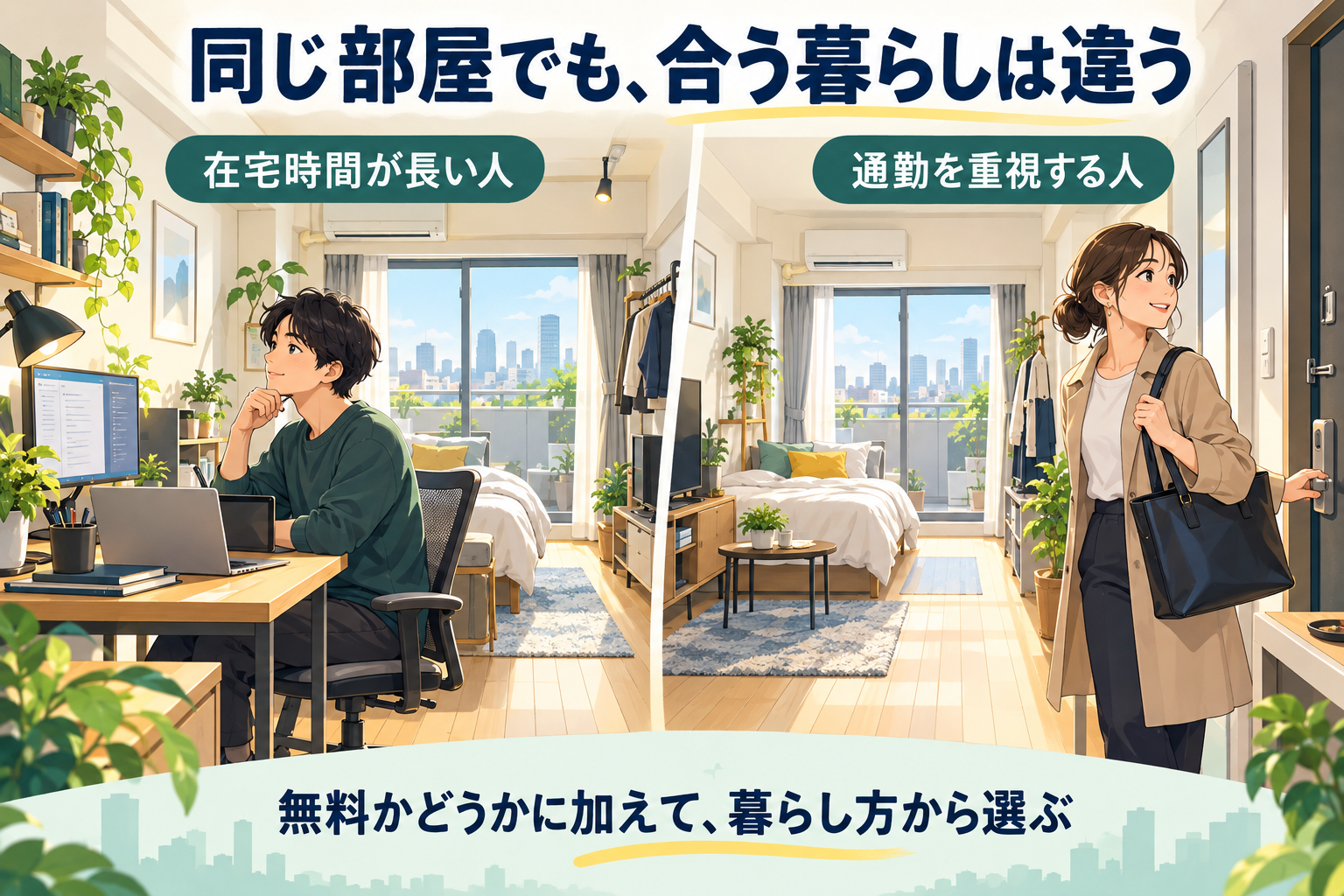 同じような広さの部屋でも、在宅時間が長い人は作業場所、通勤を重視する人は職場までの距離というように確認したい点が変わるイメージ