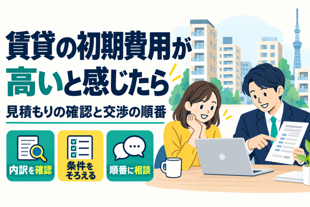 賃貸の初期費用が高いと感じたら。見積もりの確認と交渉の順番を、相談する入居者と担当者のイラストで紹介