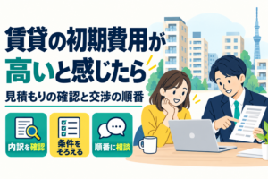 賃貸の初期費用が高いと感じたら。見積もりの確認と交渉の順番を、相談する入居者と担当者のイラストで紹介